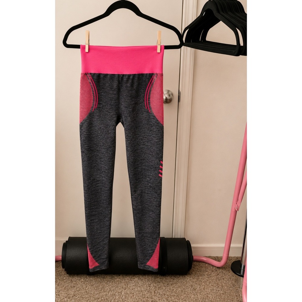 Women High Waist Athletic Leggings Grey Neon Pink Mesh Accent Activewear Pants